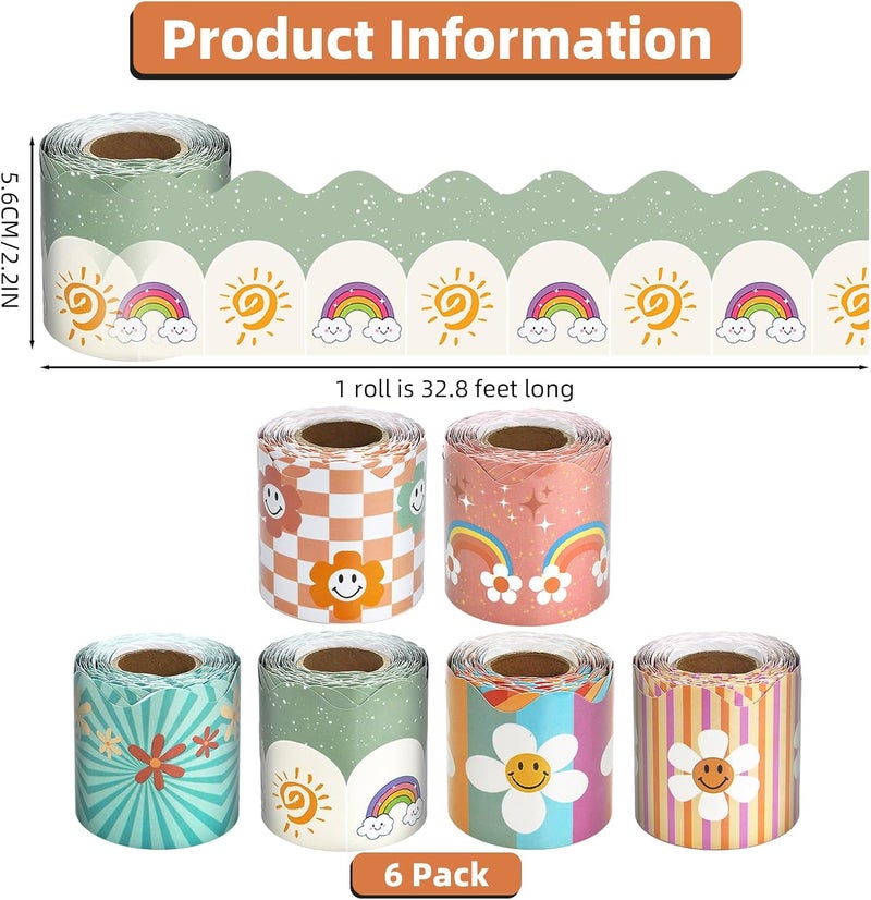 DASTTUIS 6 Rolls 196.8 Ft Groovy Boho Bulletin Board Border Set - Colorful Classroom Trim - Retro Rainbow & Daisy Flower for Teachers, School & Office Decor - Perfect for Birthday, Back to School Theme - Image 2